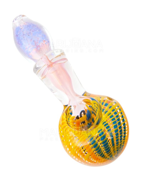 Frit & Ribboned Bulged Spoon Hand Pipe | 5in Long | Glass