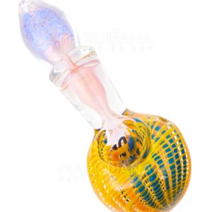 Frit & Ribboned Bulged Spoon Hand Pipe | 5in Long | Glass